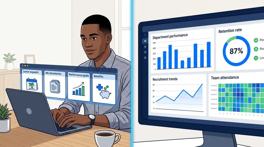 Employee using HR self-service portal on laptop to access workforce analytics and performance data